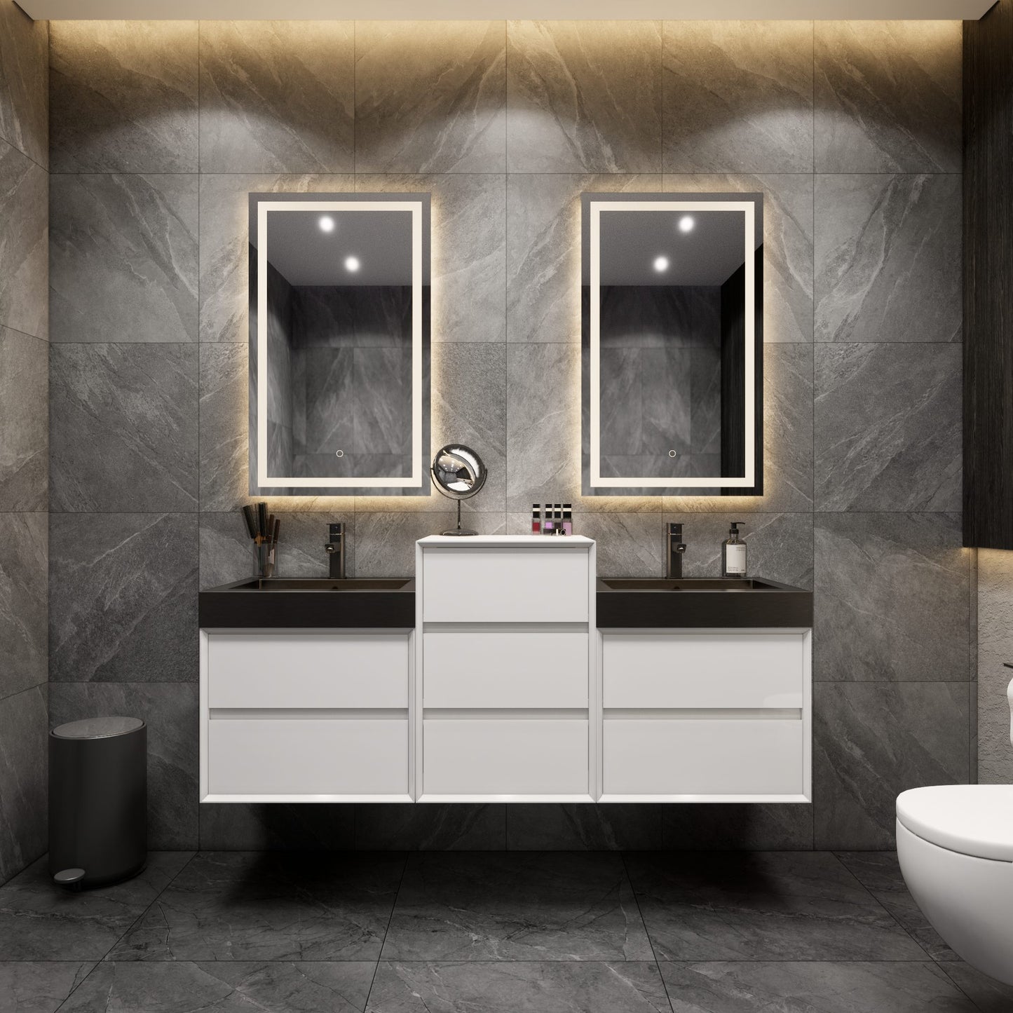 Max 68" Gloss White Floating Wall-Mounted Bathroom Vanity Sink and Middle Cabinet with Max Black Stainless Steel Double Sink | Better Vanity Modern Minimal Luxury Bathroom Vanities | Los Angeles, CA USA