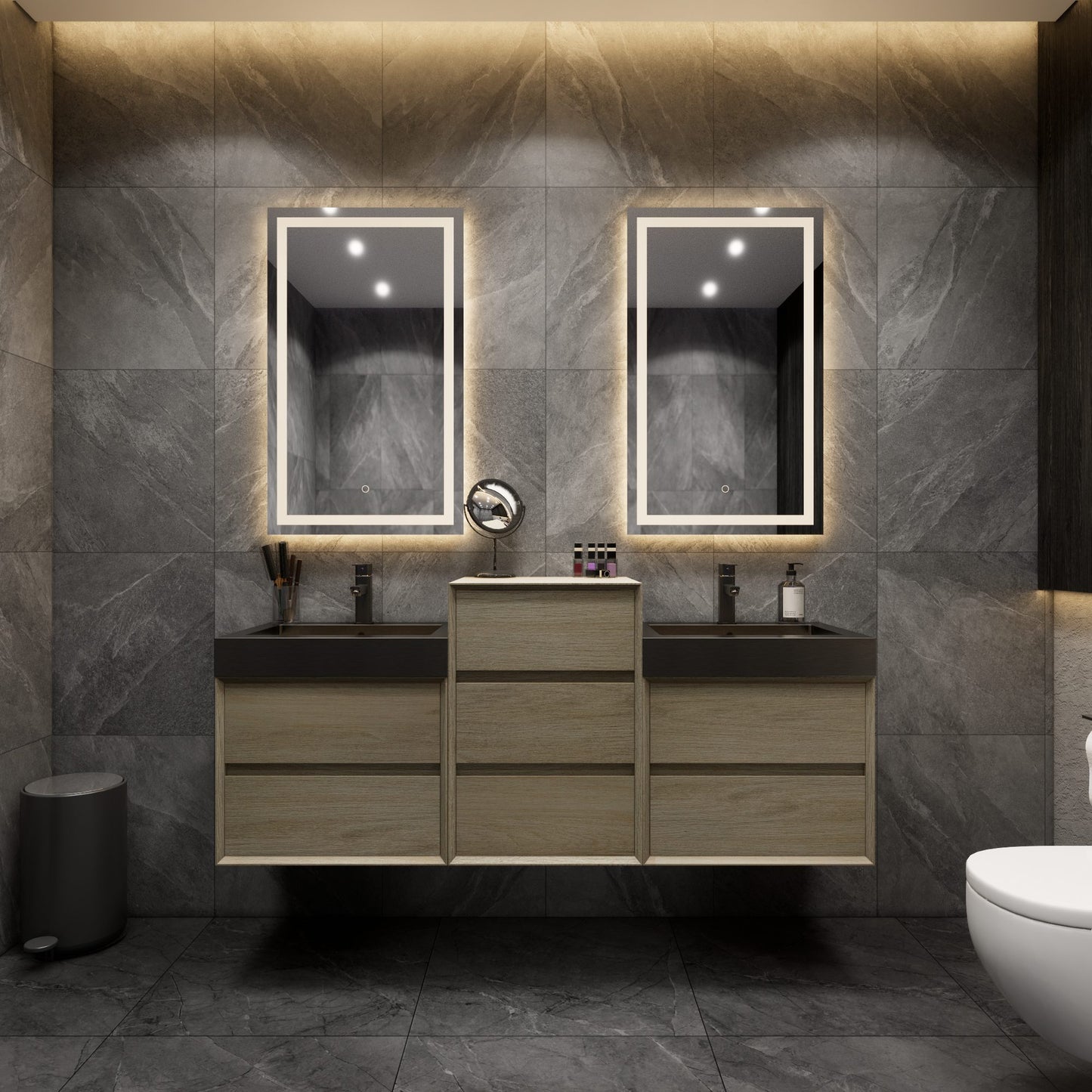Max 68" Coffee Wood Floating Wall-Mounted Bathroom Vanity Sink and Middle Cabinet with Max Black Stainless Steel Double Sink | Better Vanity Modern Minimal Luxury Bathroom Vanities | Los Angeles, CA USA