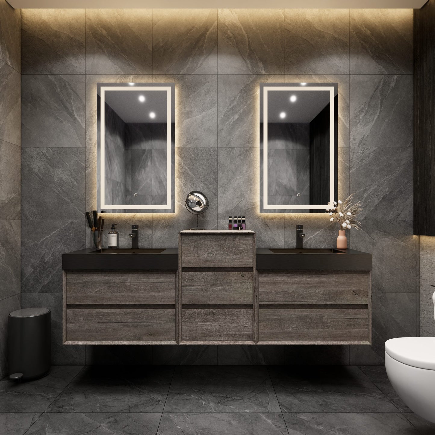 Max 80" Gray Oak Floating Wall-Mounted Bathroom Vanity Sink and Middle Cabinet with Max Black Stainless Steel Double Sink | Better Vanity Modern Minimal Luxury Bathroom Vanities | Los Angeles, CA USA