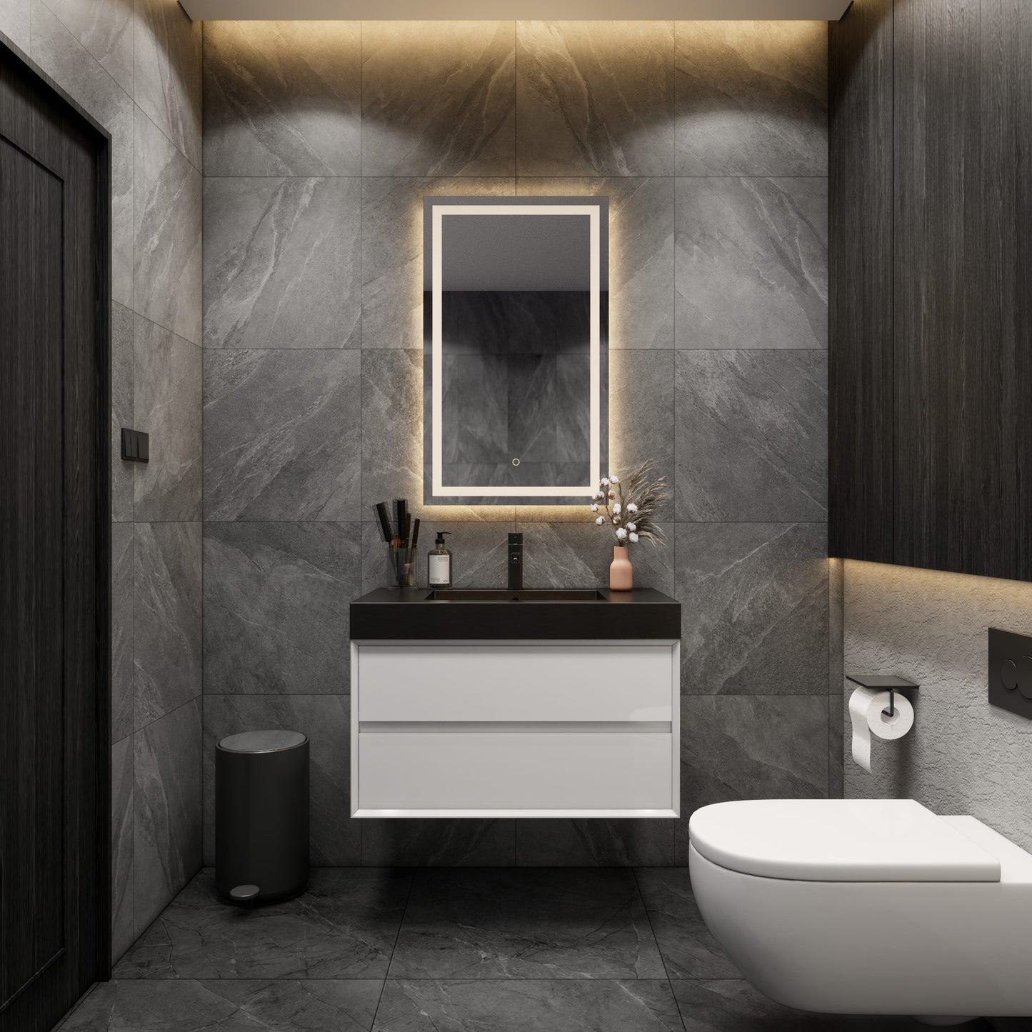 Max 36" Gloss White Floating Wall-Mounted Bathroom Vanity Sink with Max Black Stainless Steel Sink | Better Vanity Modern Minimal Luxury Bathroom Vanities | Los Angeles, CA USA