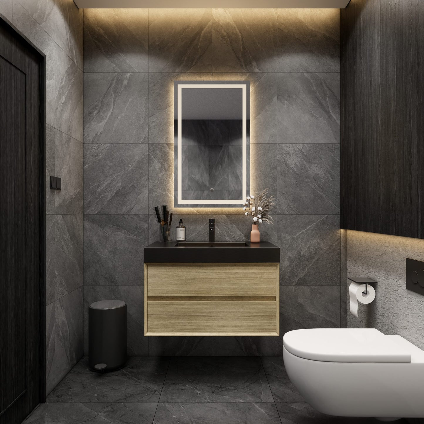 Max 36" Teak Oak Floating Wall-Mounted Bathroom Vanity Sink with Max Black Stainless Steel Sink | Better Vanity Modern Minimal Luxury Bathroom Vanities | Los Angeles, CA USA