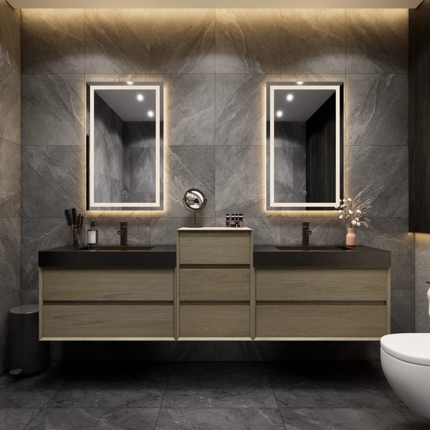 Max 92" Coffee Wood Floating Wall-Mounted Bathroom Vanity Sink and Middle Cabinet with Max Black Stainless Steel Double Sink | Better Vanity Modern Minimal Luxury Bathroom Vanities | Los Angeles, CA USA
