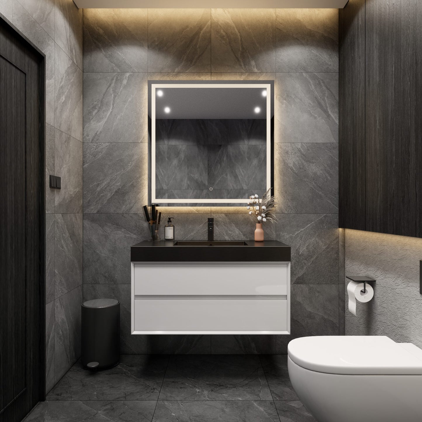 Max 42" Gloss White Floating Wall-Mounted Bathroom Vanity Sink with Max Black Stainless Steel Sink | Better Vanity Modern Minimal Luxury Bathroom Vanities | Los Angeles, CA USA
