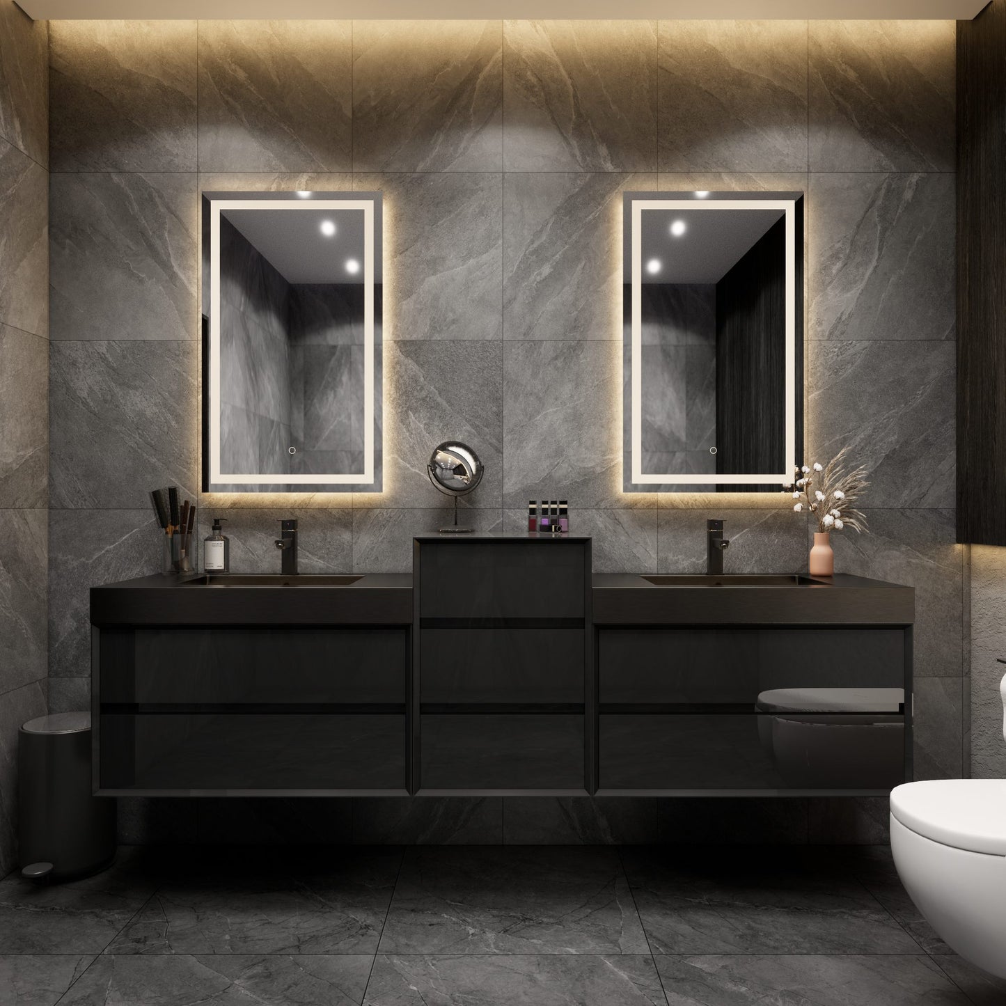 Max 104" Gloss Black Floating Wall-Mounted Bathroom Vanity Sink and Middle Cabinet with Max Black Stainless Steel Double Sink | Better Vanity Modern Minimal Luxury Bathroom Vanities | Los Angeles, CA USA