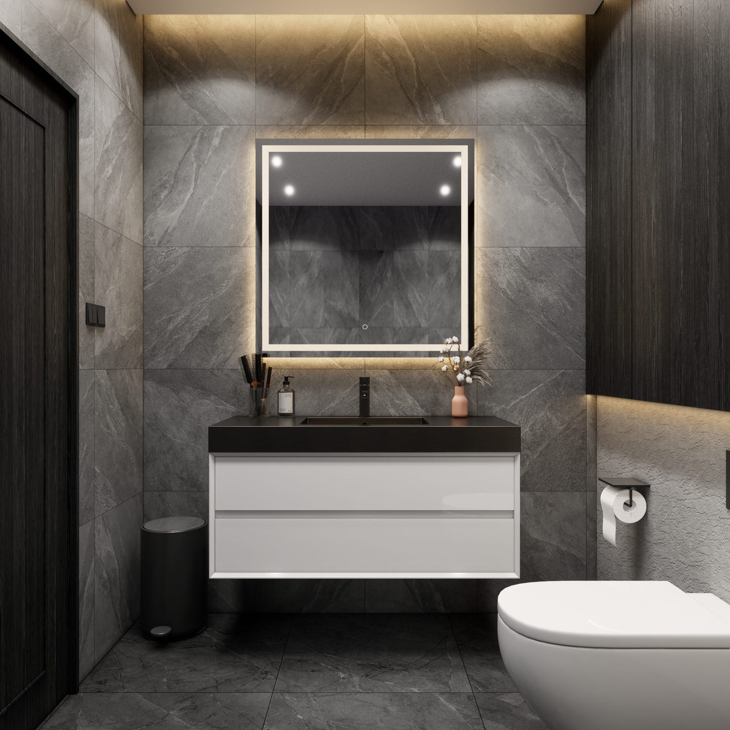 Max 48" Gloss White Floating Wall-Mounted Bathroom Vanity Sink with Max Black Stainless Steel Sink | Better Vanity Modern Minimal Luxury Bathroom Vanities | Los Angeles, CA USA