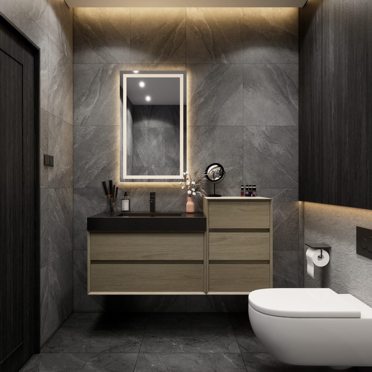 Max 68" Coffee Wood Floating Wall-Mounted Bathroom Vanity Sink and Side Cabinet with Max Black Stainless Steel Sink | Better Vanity Modern Minimal Luxury Bathroom Vanities | Los Angeles, CA USA