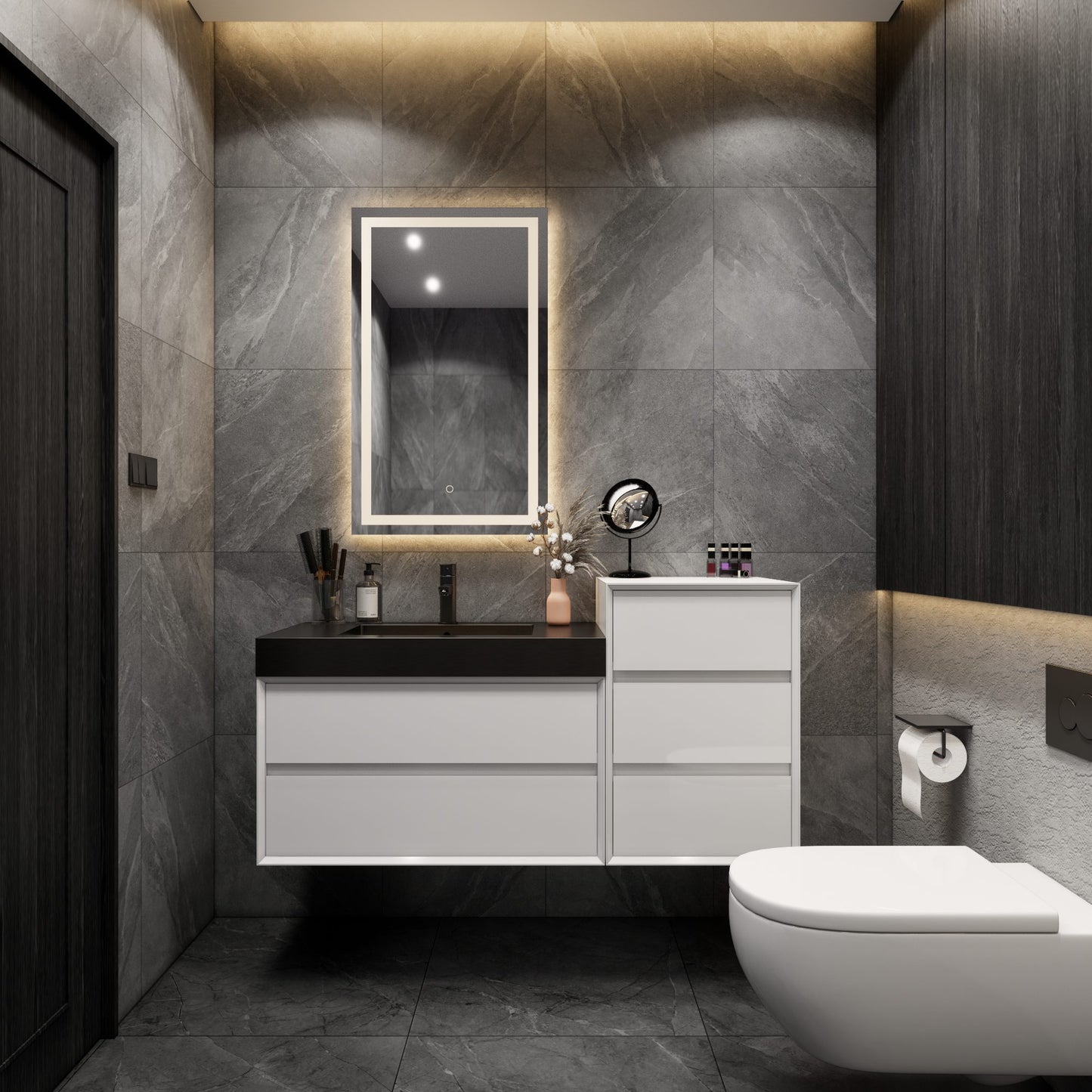 Max 68" Gloss White Floating Wall-Mounted Bathroom Vanity Sink and Side Cabinet with Max Black Stainless Steel Sink | Better Vanity Modern Minimal Luxury Bathroom Vanities | Los Angeles, CA USA