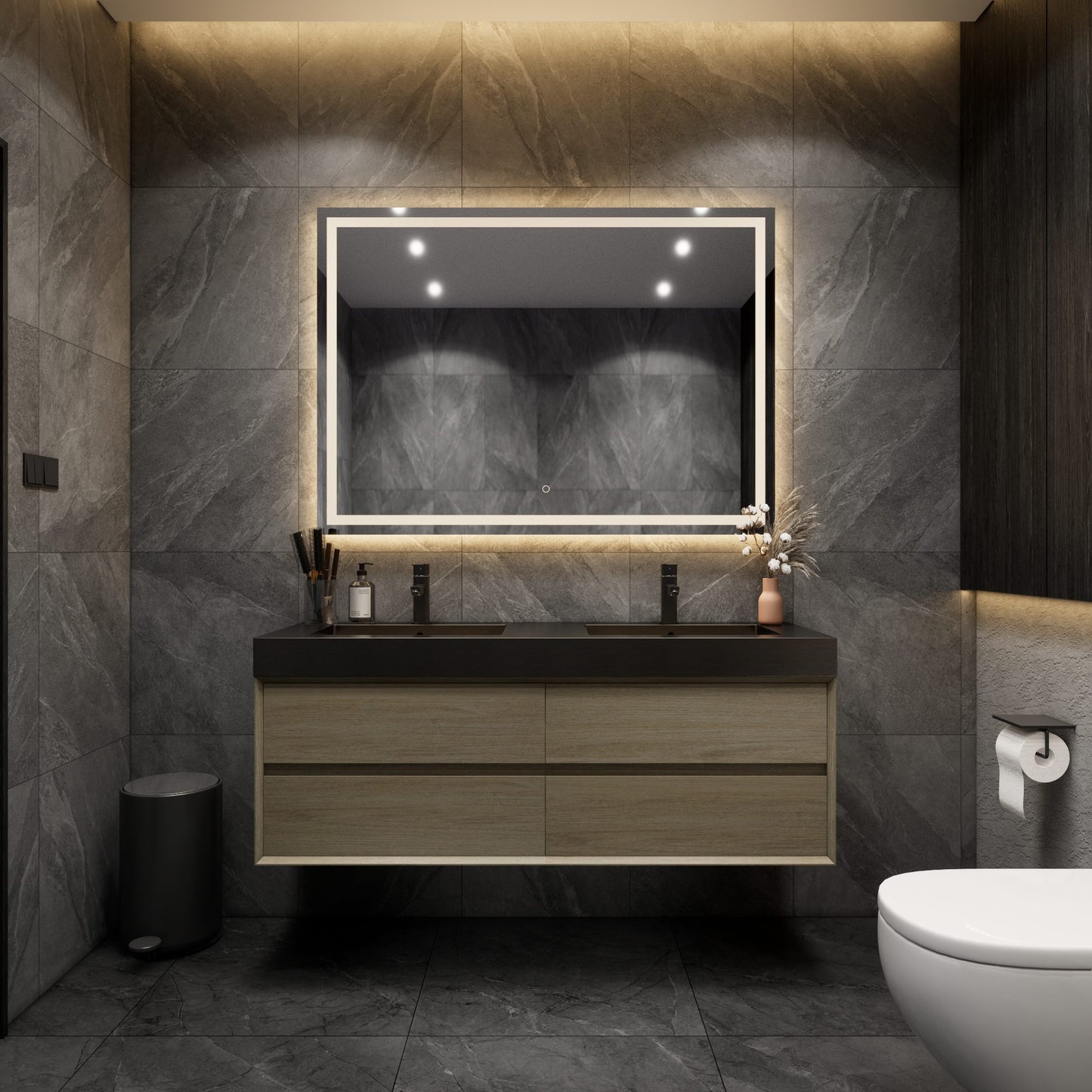 Max 60" Coffee Wood Floating Wall-Mounted Bathroom Vanity Sink with Max Black Stainless Steel Double Sink | Better Vanity Modern Minimal Luxury Bathroom Vanities | Los Angeles, CA USA