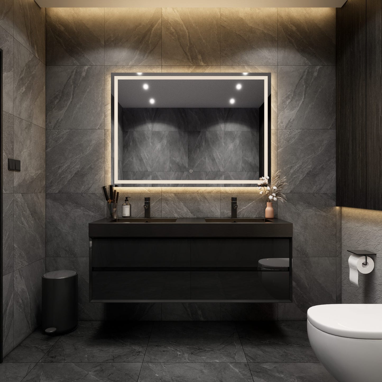 Max 60" Gloss Black Floating Wall-Mounted Bathroom Vanity Sink with Max Black Stainless Steel Double Sink | Better Vanity Modern Minimal Luxury Bathroom Vanities | Los Angeles, CA USA