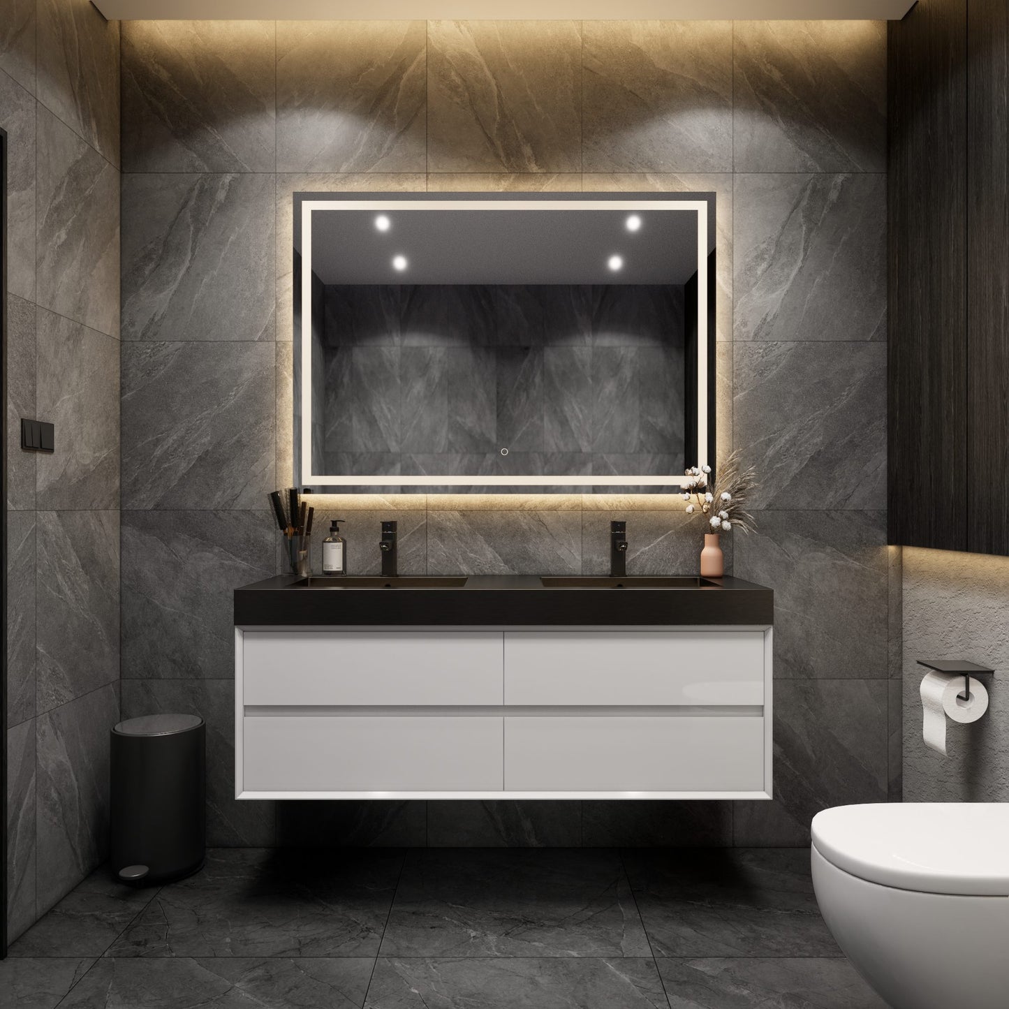 Max 60" Gloss White Floating Wall-Mounted Bathroom Vanity Sink with Max Black Stainless Steel Double Sink | Better Vanity Modern Minimal Luxury Bathroom Vanities | Los Angeles, CA USA
