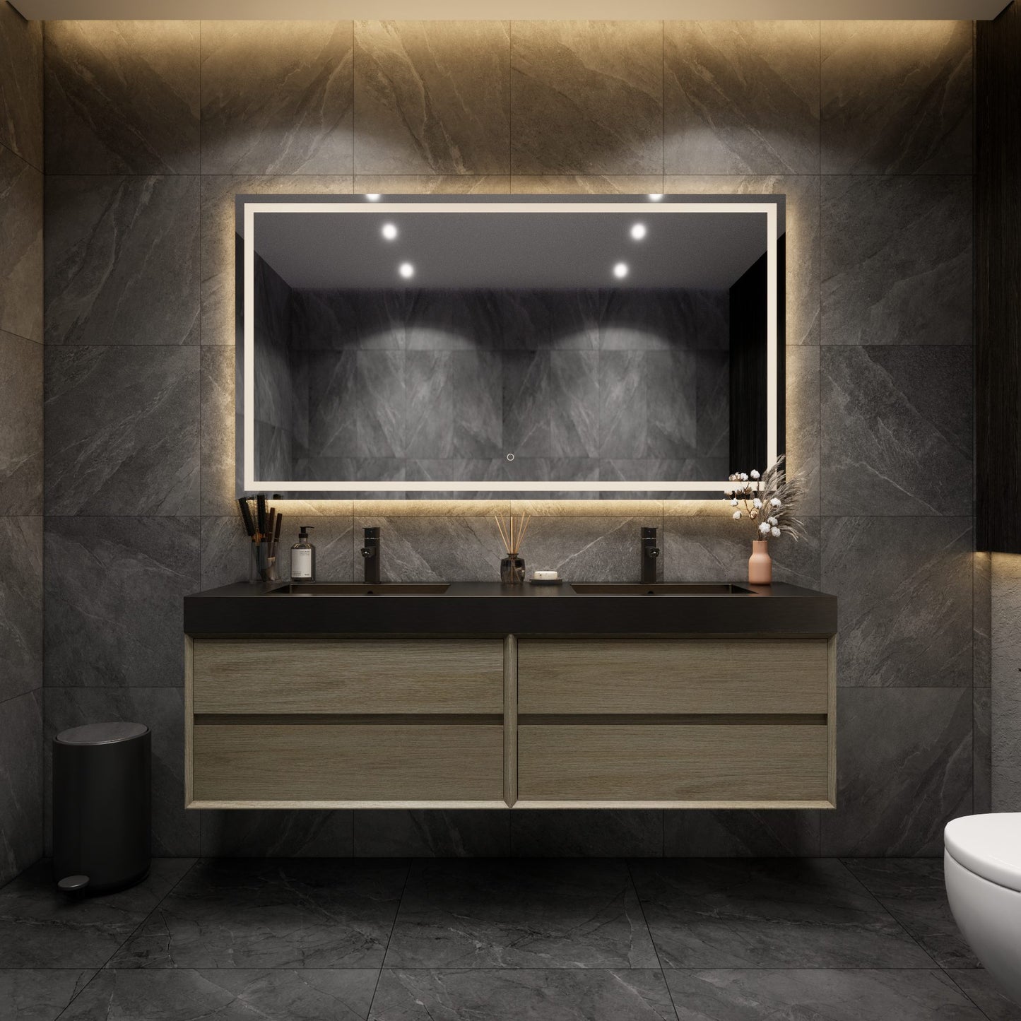 Max 72" Coffee Wood Floating Wall-Mounted Bathroom Vanity Sink and Cabinet with Max Black Stainless Steel Double Sink | Better Vanity Modern Minimal Luxury Bathroom Vanities | Los Angeles, CA USA