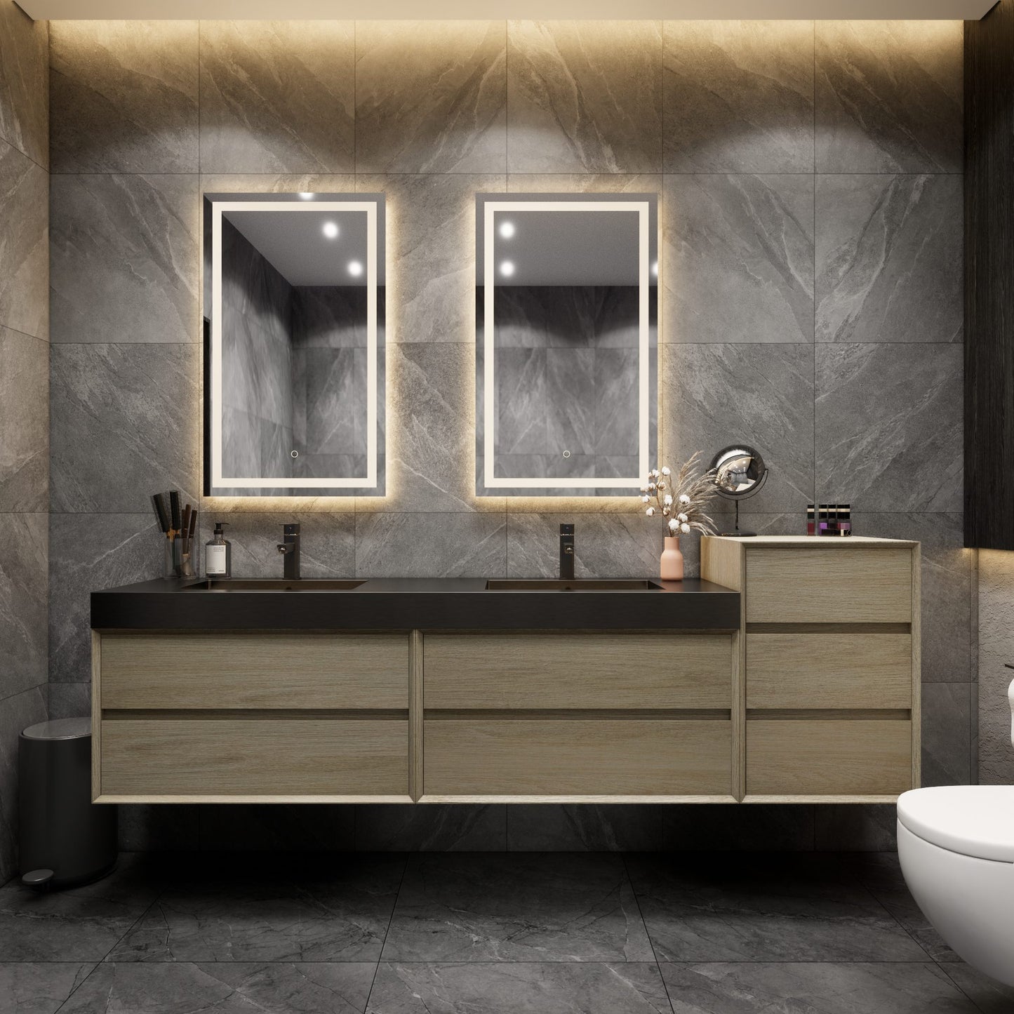 Max 92" Coffee Wood Floating Wall-Mounted Bathroom Vanity Sink and Side Cabinet with Max Black Stainless Steel Double Sink | Better Vanity Modern Minimal Luxury Bathroom Vanities | Los Angeles, CA USA