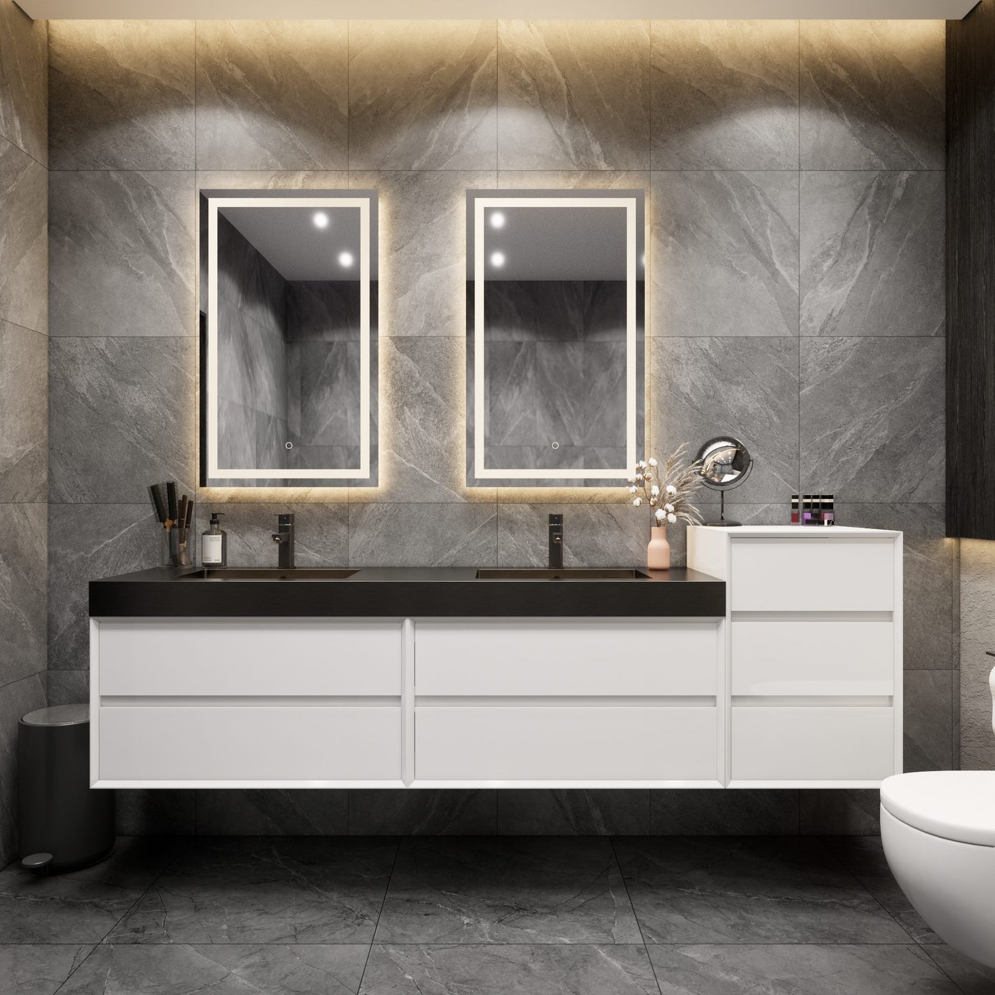 Max 104" Gloss White Floating Wall-Mounted Bathroom Vanity Sink and Side Cabinet with Max Black Stainless Steel Double Sink | Better Vanity Modern Minimal Luxury Bathroom Vanities | Los Angeles, CA USA