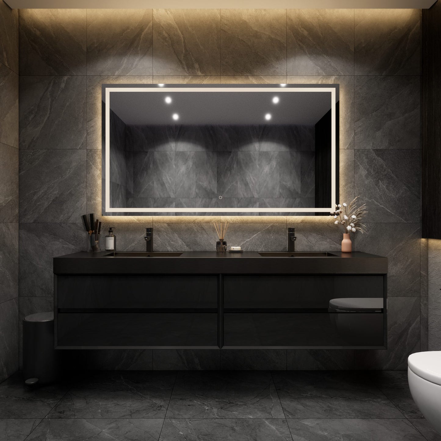 Max 84" Gloss Black Floating Wall-Mounted Bathroom Vanity Sink and Cabinet with Max Black Stainless Steel Double Sink | Better Vanity Modern Minimal Luxury Bathroom Vanities | Los Angeles, CA USA