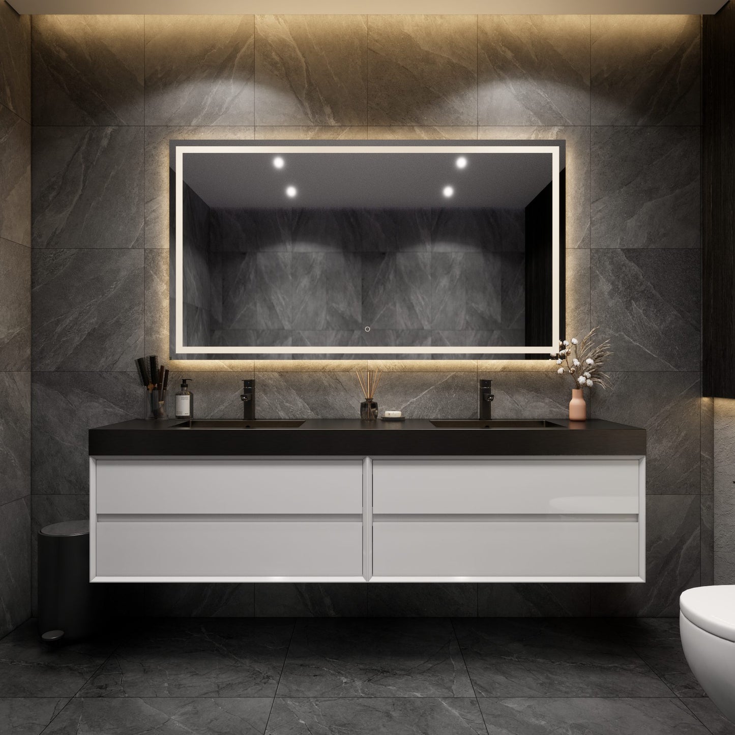Max 84" Gloss White Floating Wall-Mounted Bathroom Vanity Sink and Cabinet with Max Black Stainless Steel Double Sink | Better Vanity Modern Minimal Luxury Bathroom Vanities | Los Angeles, CA USA