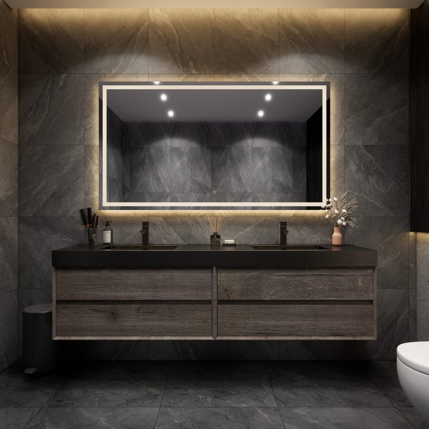 Max 84" Gray Oak Floating Wall-Mounted Bathroom Vanity Sink and Cabinet with Max Black Stainless Steel Double Sink | Better Vanity Modern Minimal Luxury Bathroom Vanities | Los Angeles, CA USA
