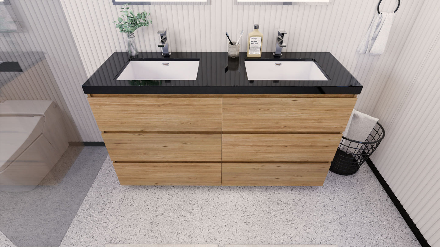 Stanley 60" Natural Oak Freestanding Vanity with Reinforced Acrylic Sinks
