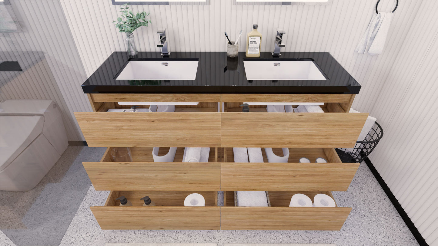 Stanley 60" Natural Oak Freestanding Vanity with Reinforced Acrylic Sinks
