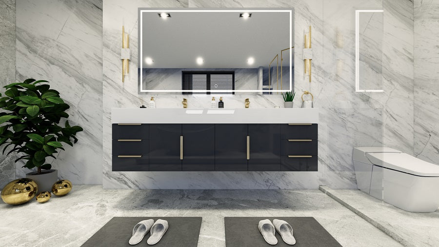 Bethany 72" Floating Double Vanity in Glossy Gray with Double Sink and Side Drawers