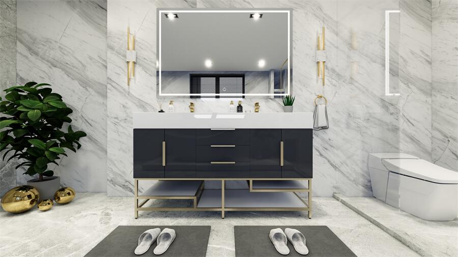 Bethany 60" Freestanding Modern Vanity in Gloss Gray with Double Sink