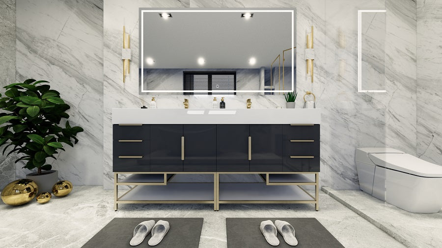 Bethany 72" Freestanding Modern Vanity in Gloss Gray with Double Sink, Side Drawers