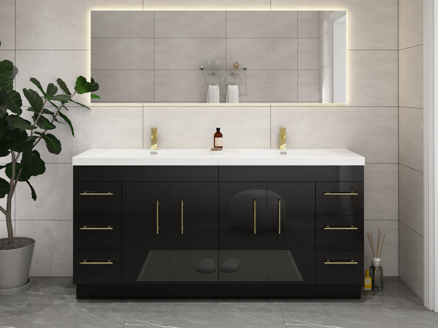 Elsa 72" Freestanding Bathroom Vanity with Reinforced Acrylic Double Sink in Gloss Black | Better Vanity