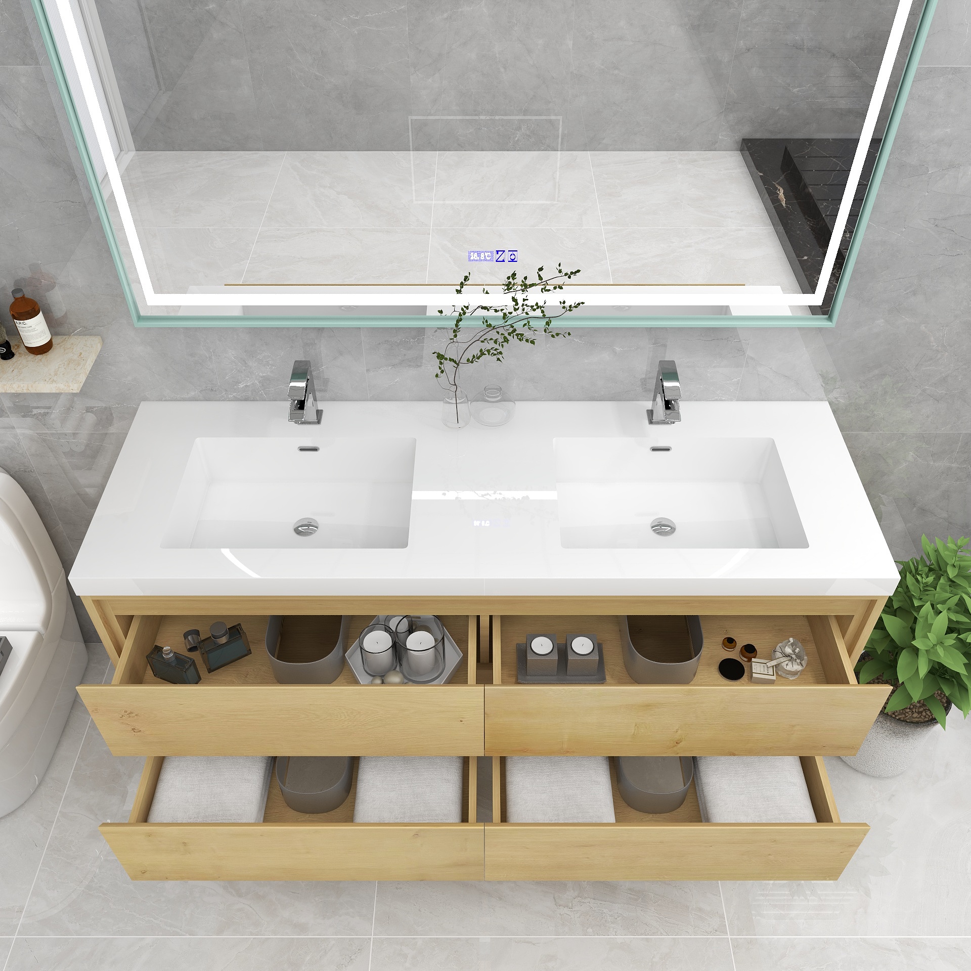 Saggia 60" Floating Vanity with Double Sink Set in Light Oak