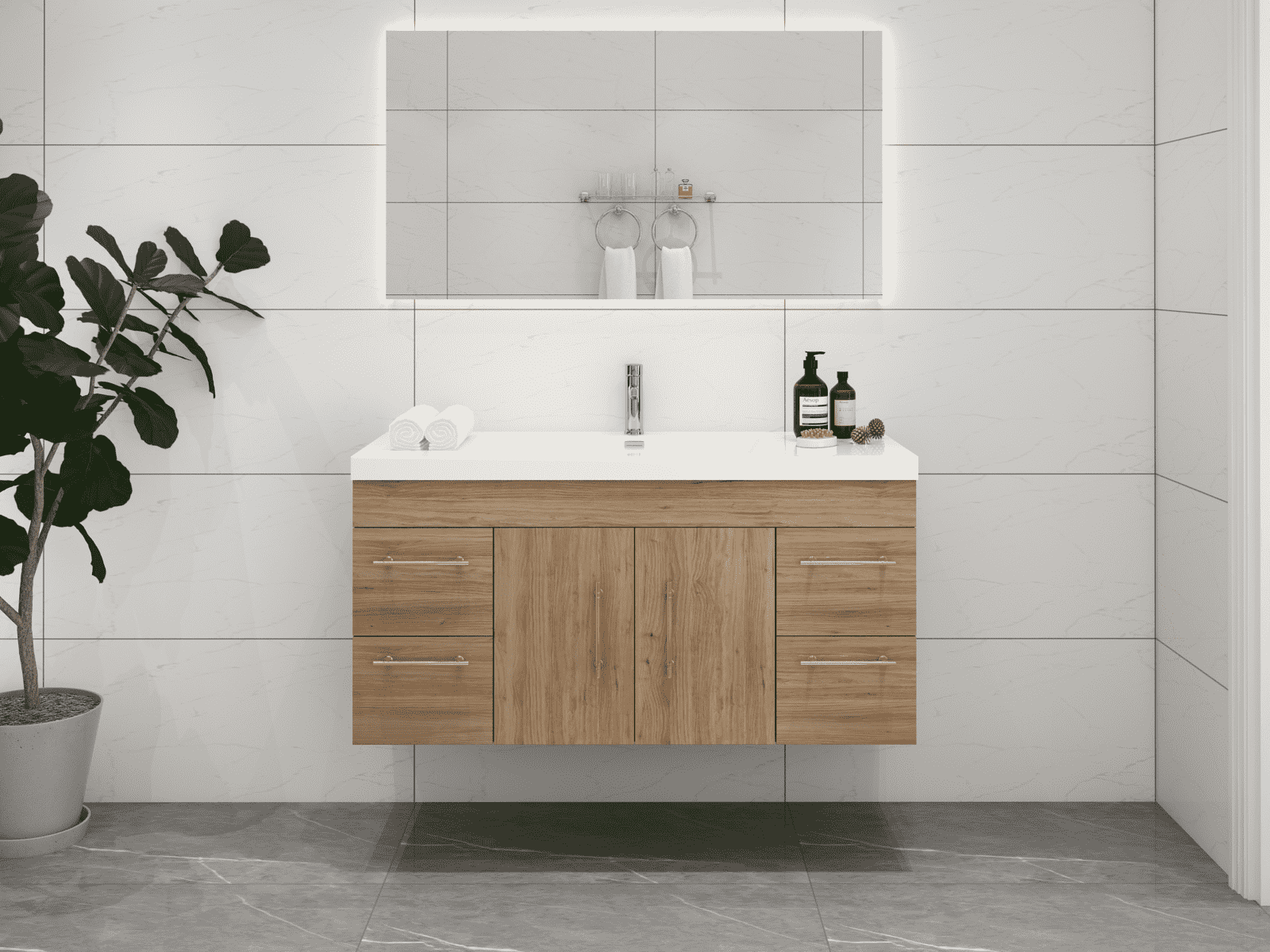 Elsa 48" Wall-Mounted Floating Bathroom Vanity with Reinforced Acrylic Sink in Oak | Better Vanity