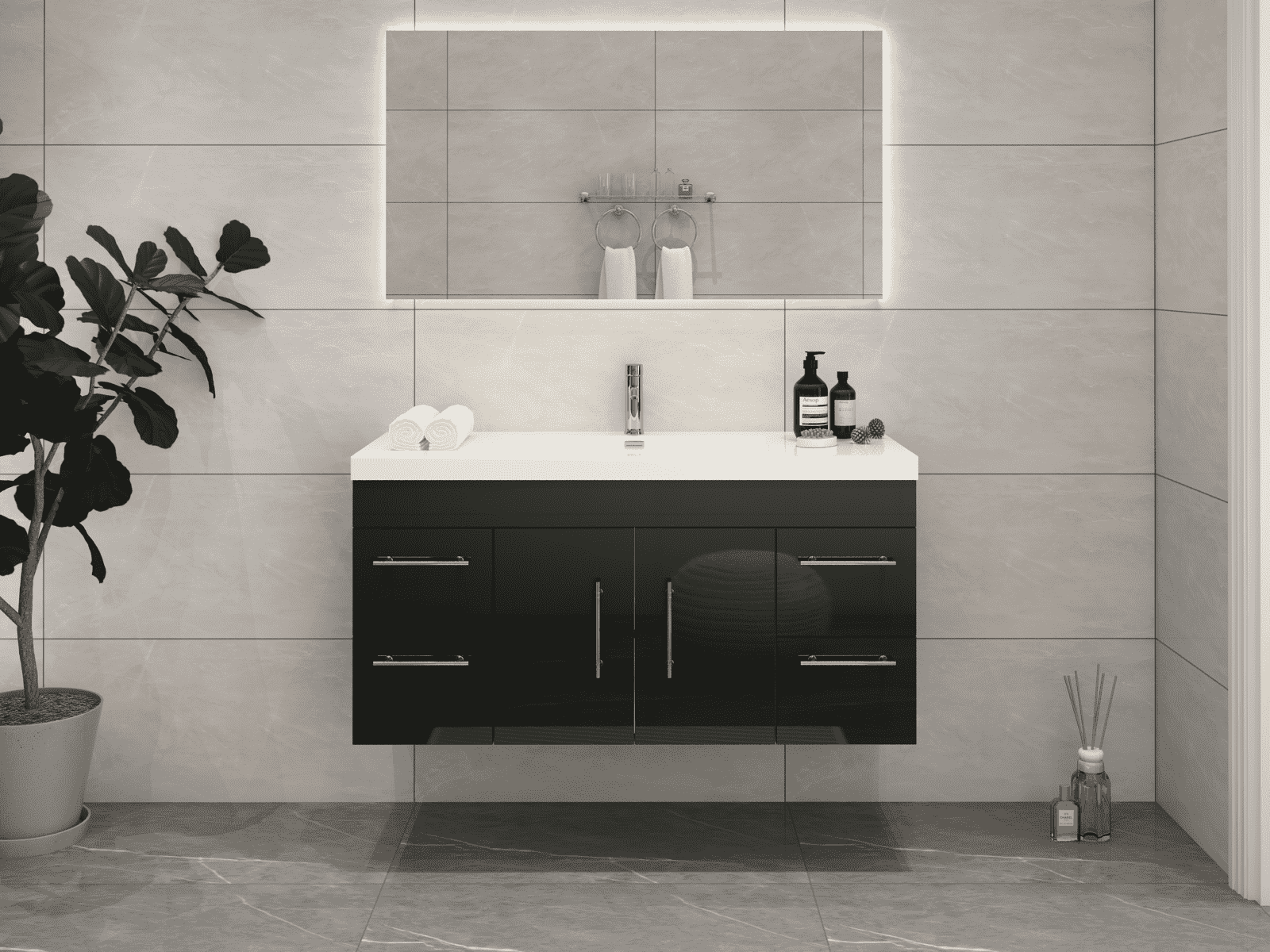 Elsa 48" Wall-Mounted Floating Bathroom Vanity with Reinforced Acrylic Sink in Gloss Black | Better Vanity