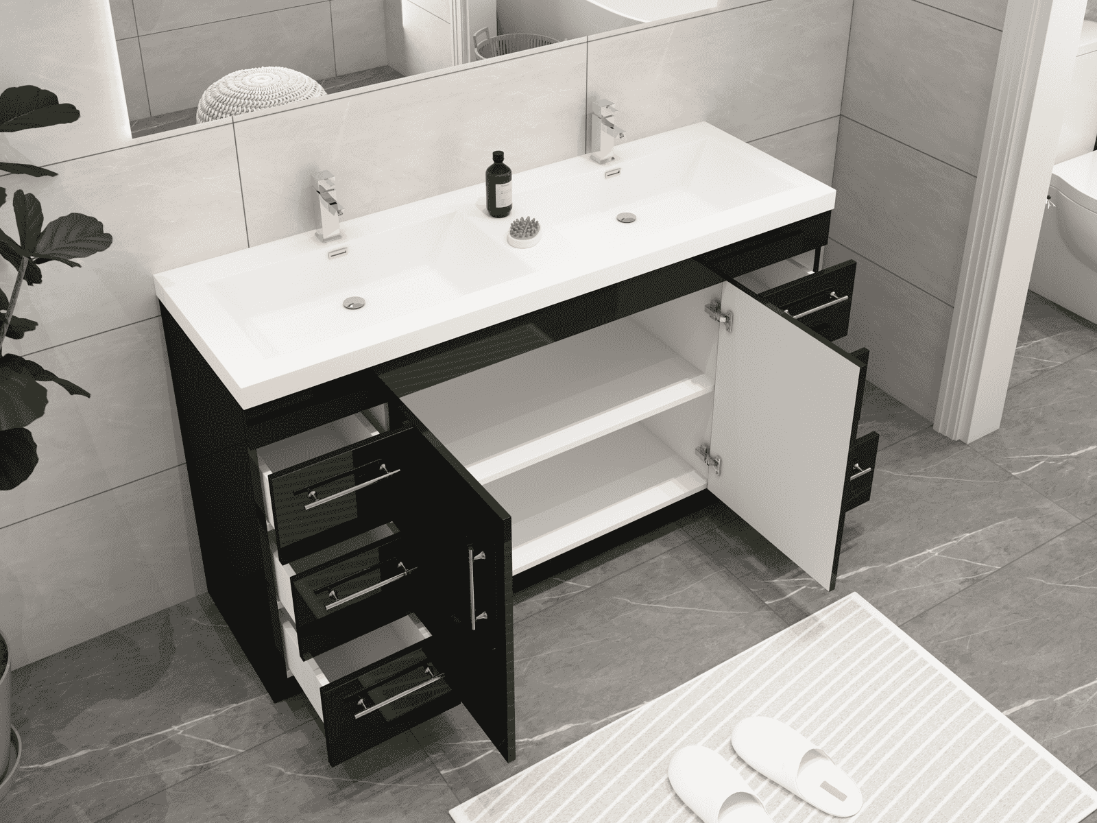 Elsa 60" Freestanding Bathroom Vanity with Reinforced Acrylic Double Sink in Gloss Black | Better Vanity