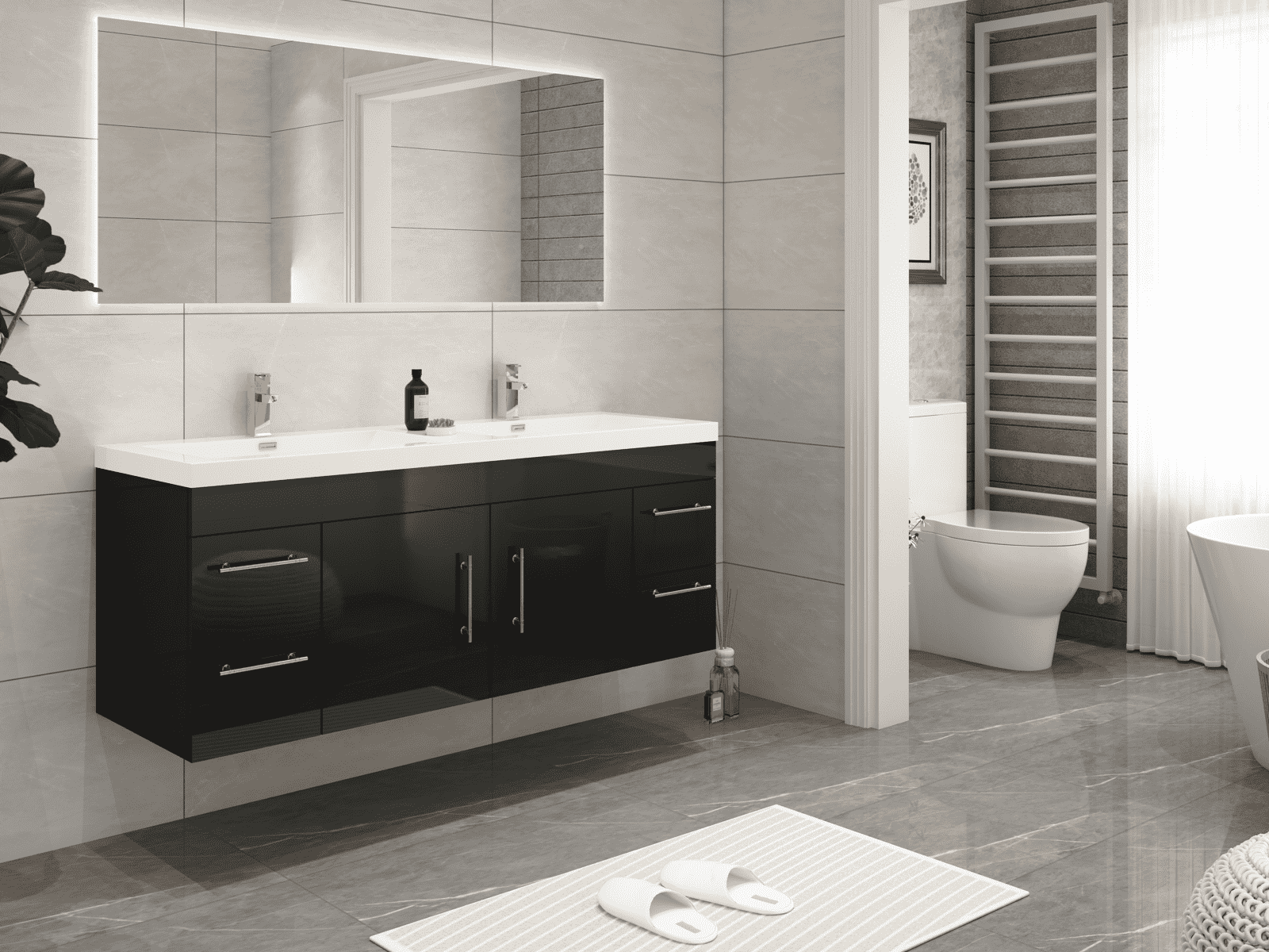 Elsa 60" Wall-Mounted Floating Bathroom Vanity with Reinforced Acrylic Double Sink in Gloss Black | Better Vanity