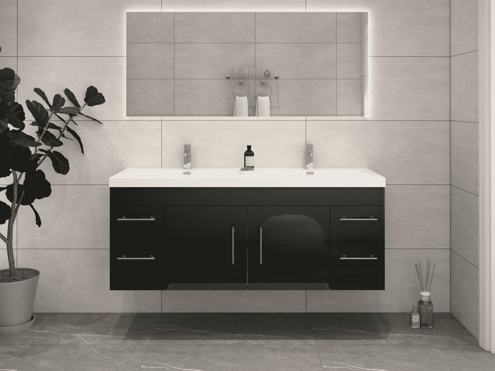 Elsa 60" Wall-Mounted Floating Bathroom Vanity with Reinforced Acrylic Double Sink in Gloss Black | Better Vanity