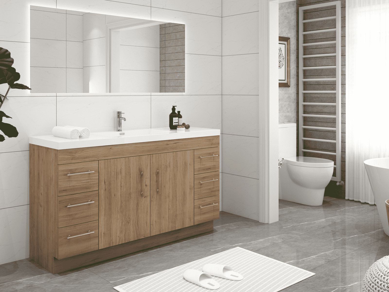 Elsa 60" Freestanding Bathroom Vanity with Reinforced Single Acrylic Sink in Natural Oak | Better Vanity