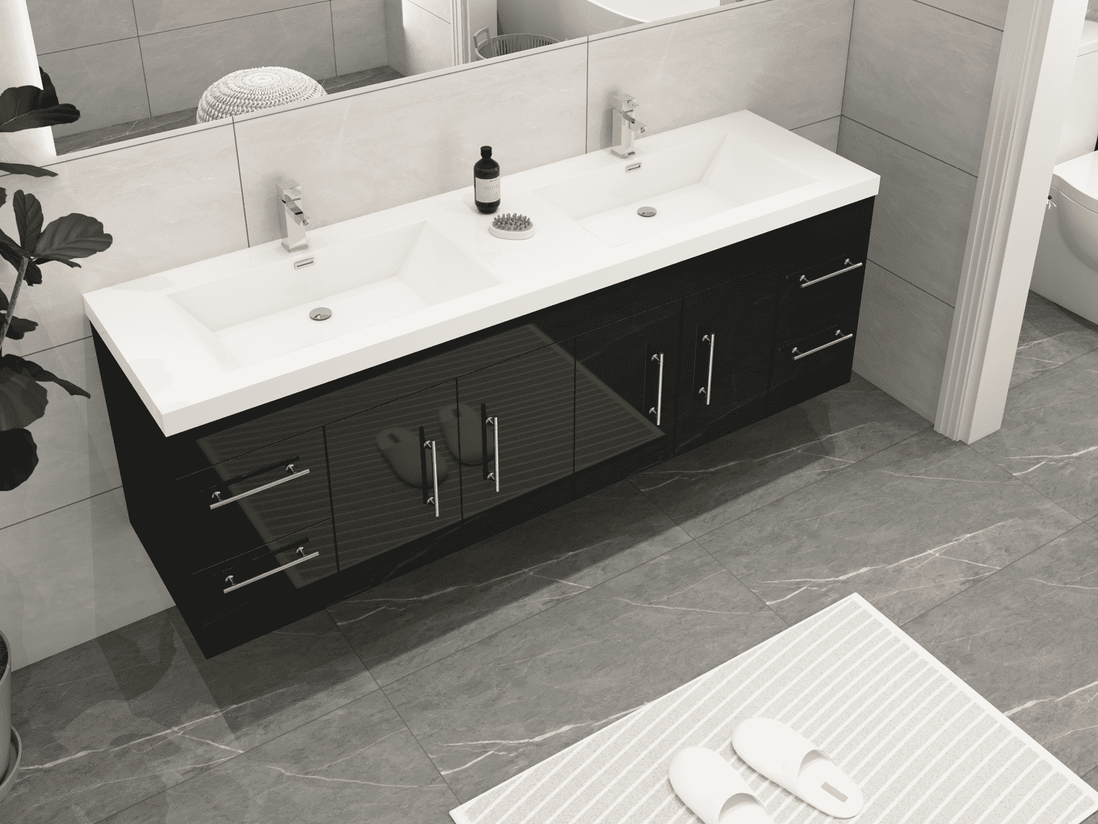 Elsa 72" Wall-Mounted Floating Bathroom Vanity with Reinforced Acrylic Double Sink in Gloss Black | Better Vanity