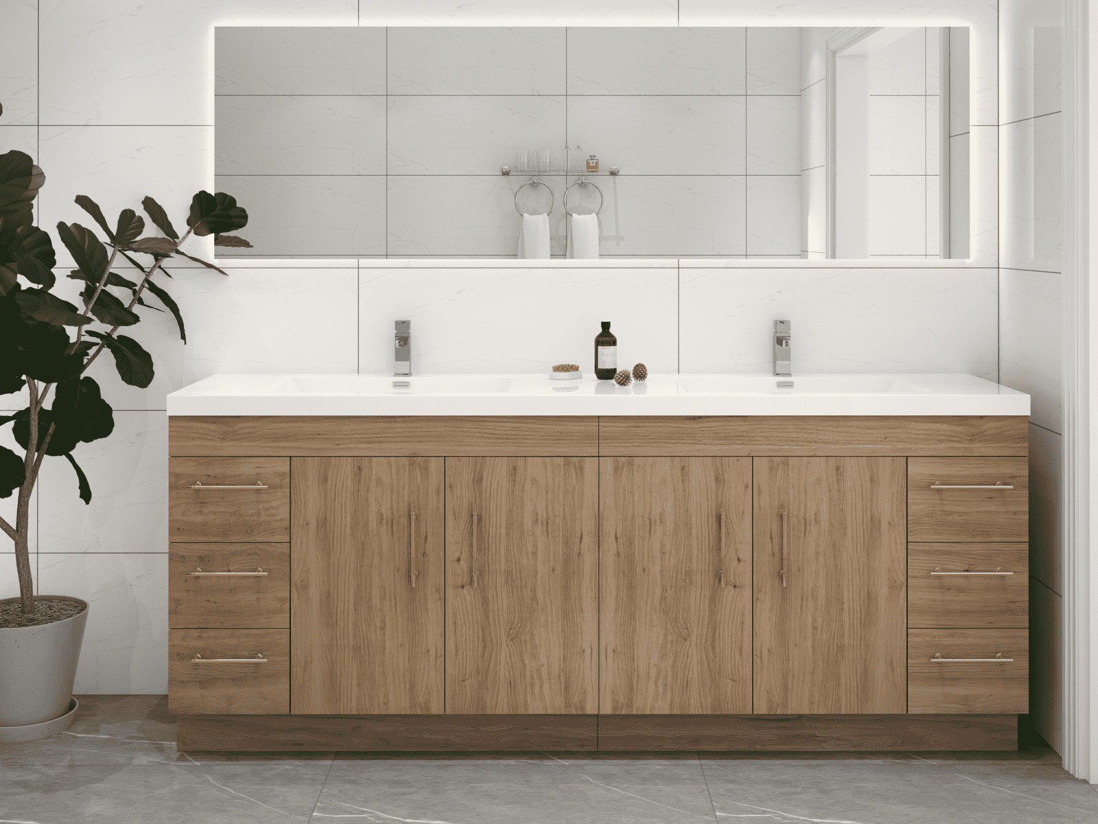 Elsa 84" Freestanding Bathroom Vanity with Reinforced Acrylic Double Sink in Natural Oak | Better Vanity
