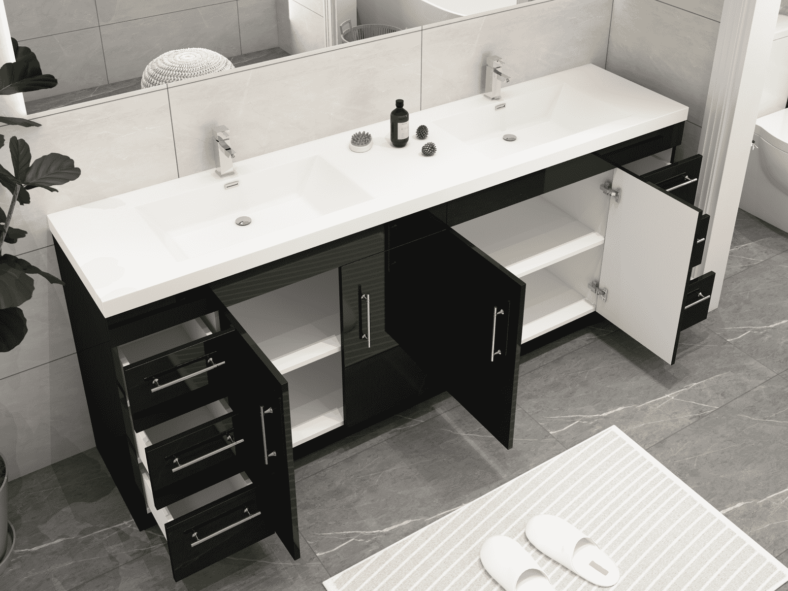 Elsa 84" Freestanding Bathroom Vanity with Reinforced Acrylic Double Sink in Gloss Black | Better Vanity