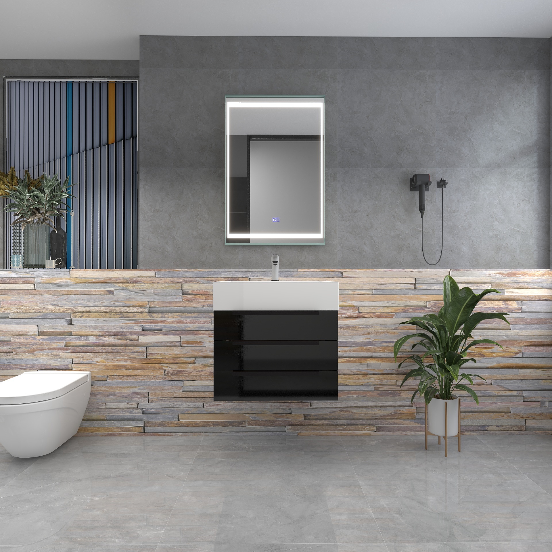 Bethany 24" Wall-Mounted Floating Bathroom Vanity with Reinforced Acrylic Sink in Gloss Black with Black Handles | Better Vanity Bath Vanities
