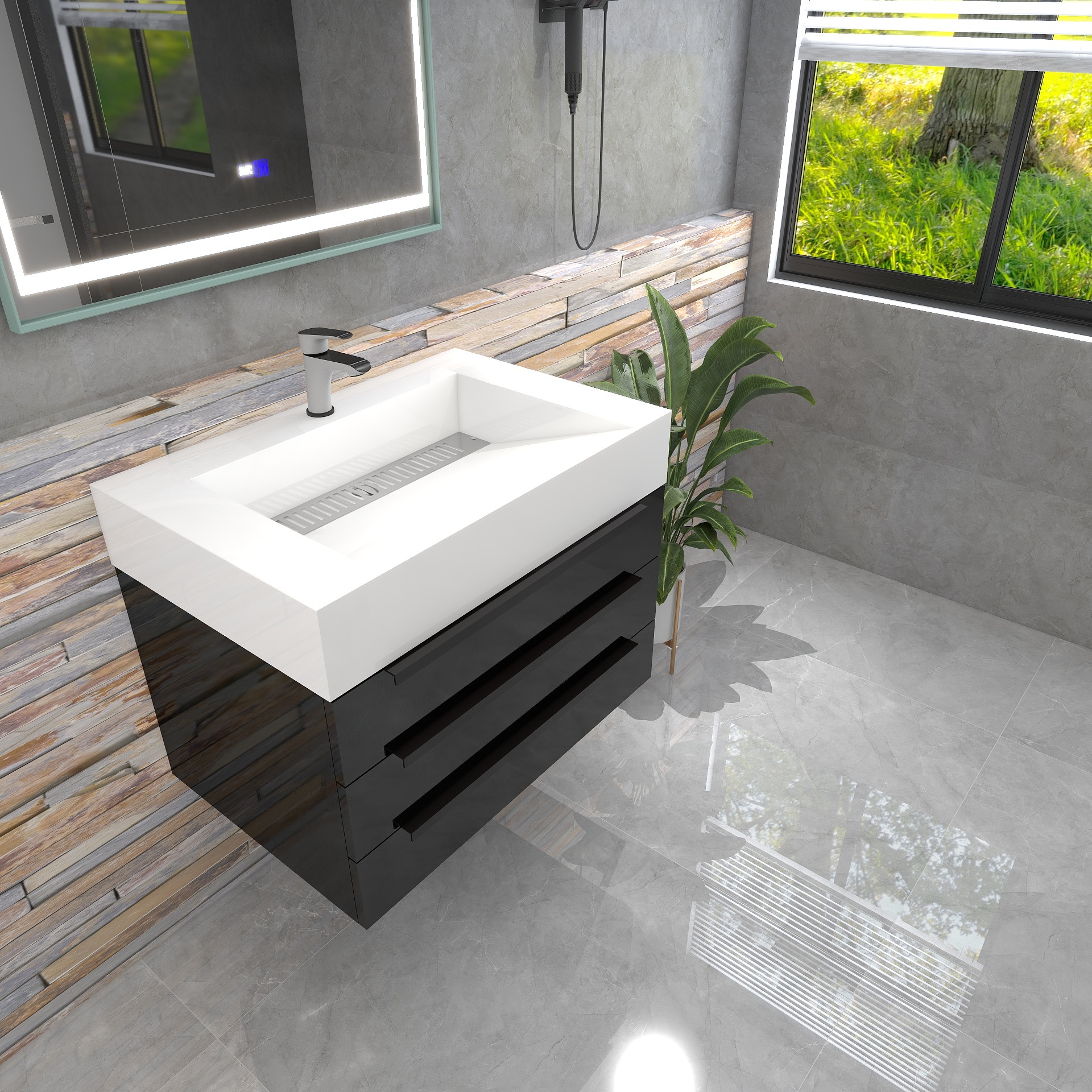 Bethany 30" Wall-Mounted Floating Bathroom Vanity with Reinforced Acrylic Sink in Gloss Black with Black Handles | Better Vanity Bath Vanities