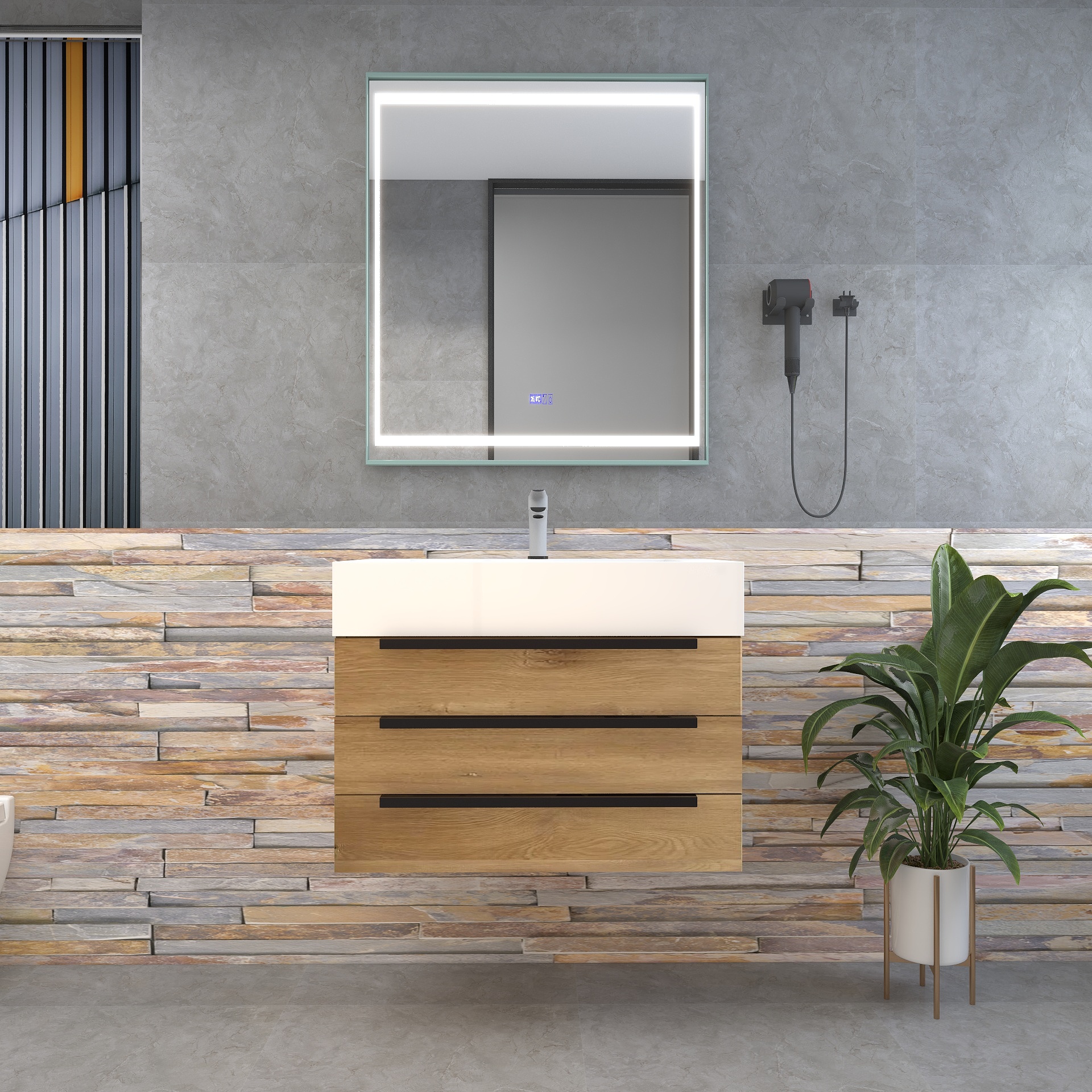 Bethany 30" Wall-Mounted Floating Bathroom Vanity with Reinforced Acrylic Sink in Teak Oak with Black Handles | Better Vanity Bath Vanities