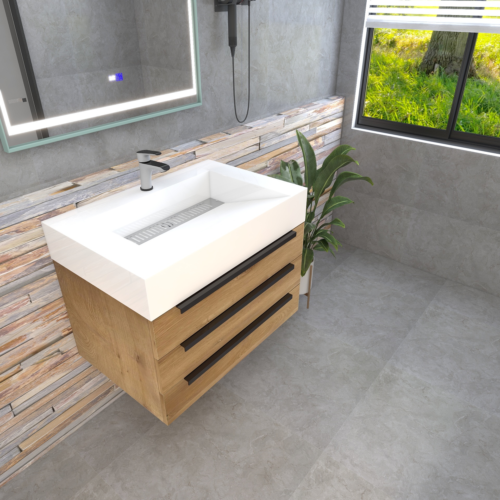 Bethany 30" Wall-Mounted Floating Bathroom Vanity with Reinforced Acrylic Sink in Teak Oak with Black Handles | Better Vanity Bath Vanities