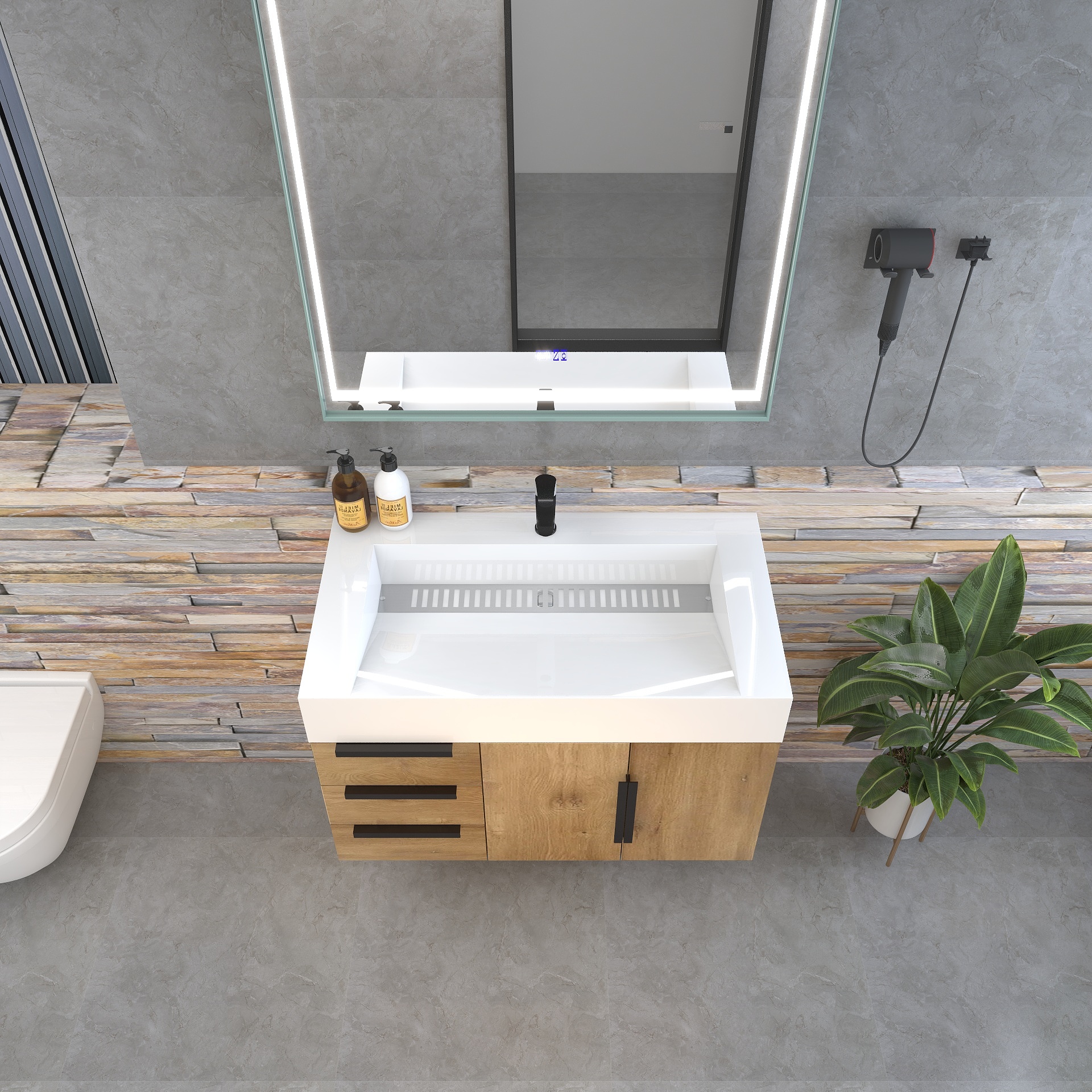 Bethany 36" Wall-Mounted Floating Bathroom Vanity with Reinforced Acrylic Sink in Teak Oak with Black Handles | Better Vanity Bath Vanities