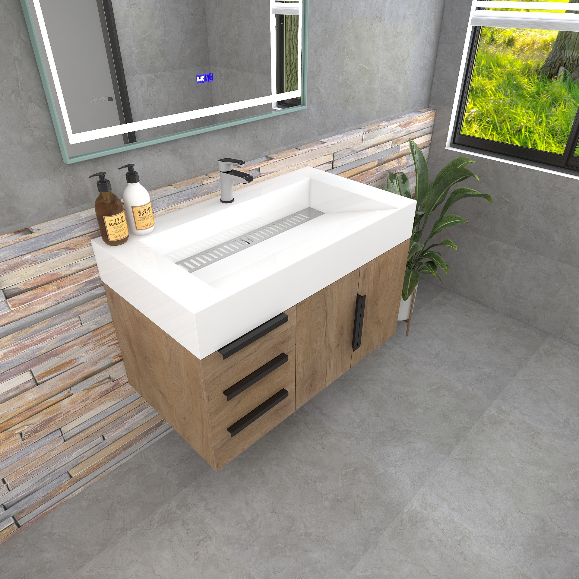 Bethany 36" Wall-Mounted Floating Bathroom Vanity with Reinforced Acrylic Sink in White Oak with Black Handles | Better Vanity Bath Vanities