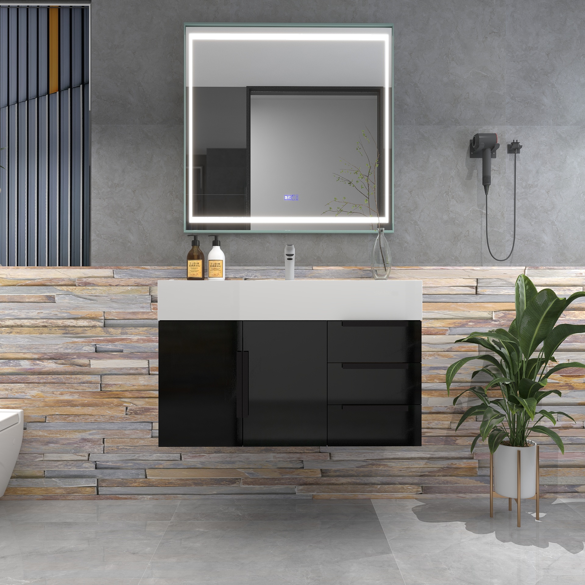 Bethany 36" Wall-Mounted Floating Bathroom Vanity with Reinforced Acrylic Sink in Gloss Black with Black Handles | Better Vanity Bath Vanities