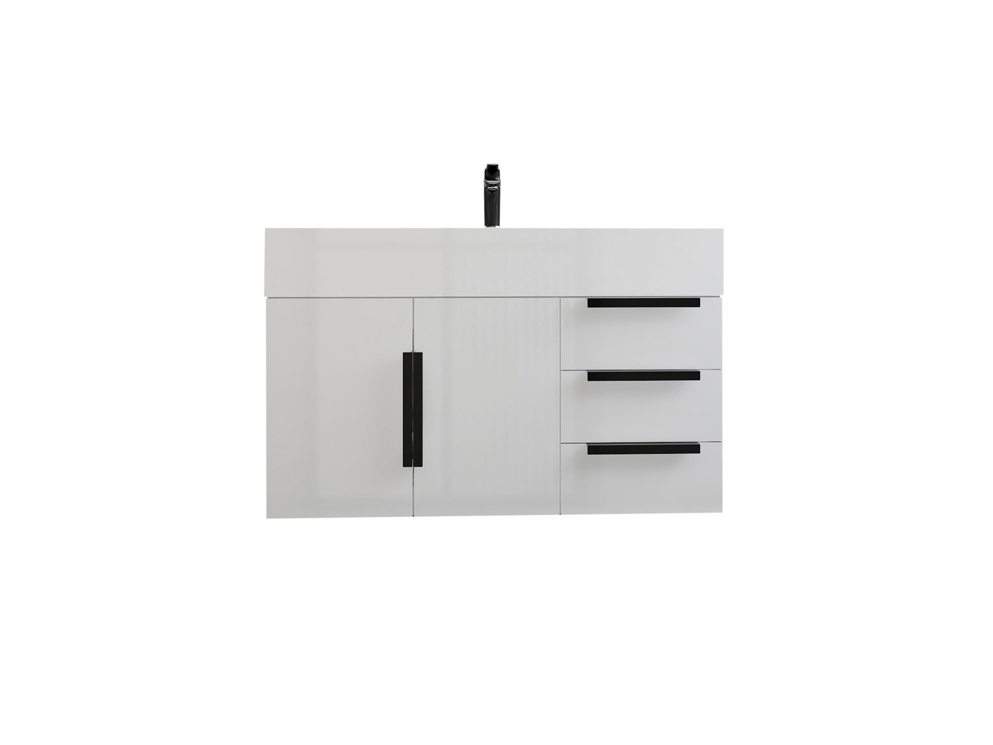 Bethany 36" Wall-Mounted Floating Bathroom Vanity with Reinforced Acrylic Sink in Gloss White with Black Handles | Better Vanity Bath Vanities