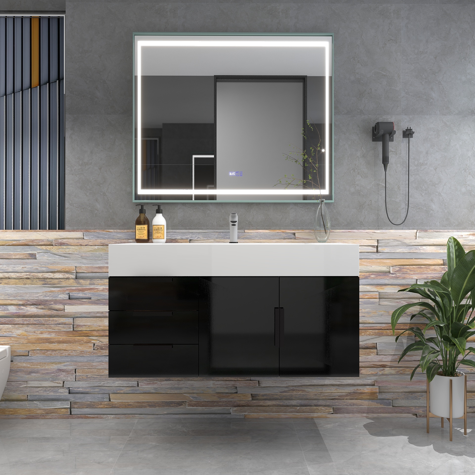 Bethany 42" Wall-Mounted Floating Bathroom Vanity with Reinforced Acrylic Sink in Gloss Black with Black Handles | Better Vanity Bath Vanities