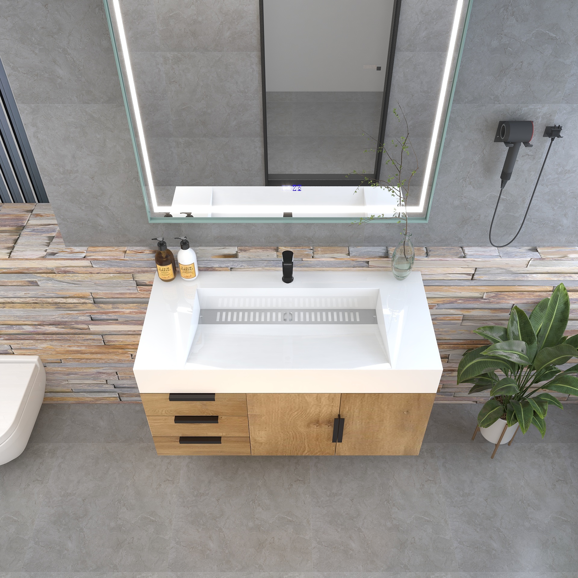 Bethany 42" Wall-Mounted Floating Bathroom Vanity with Reinforced Acrylic Sink in Teak Oak with Black Handles | Better Vanity Bath Vanities