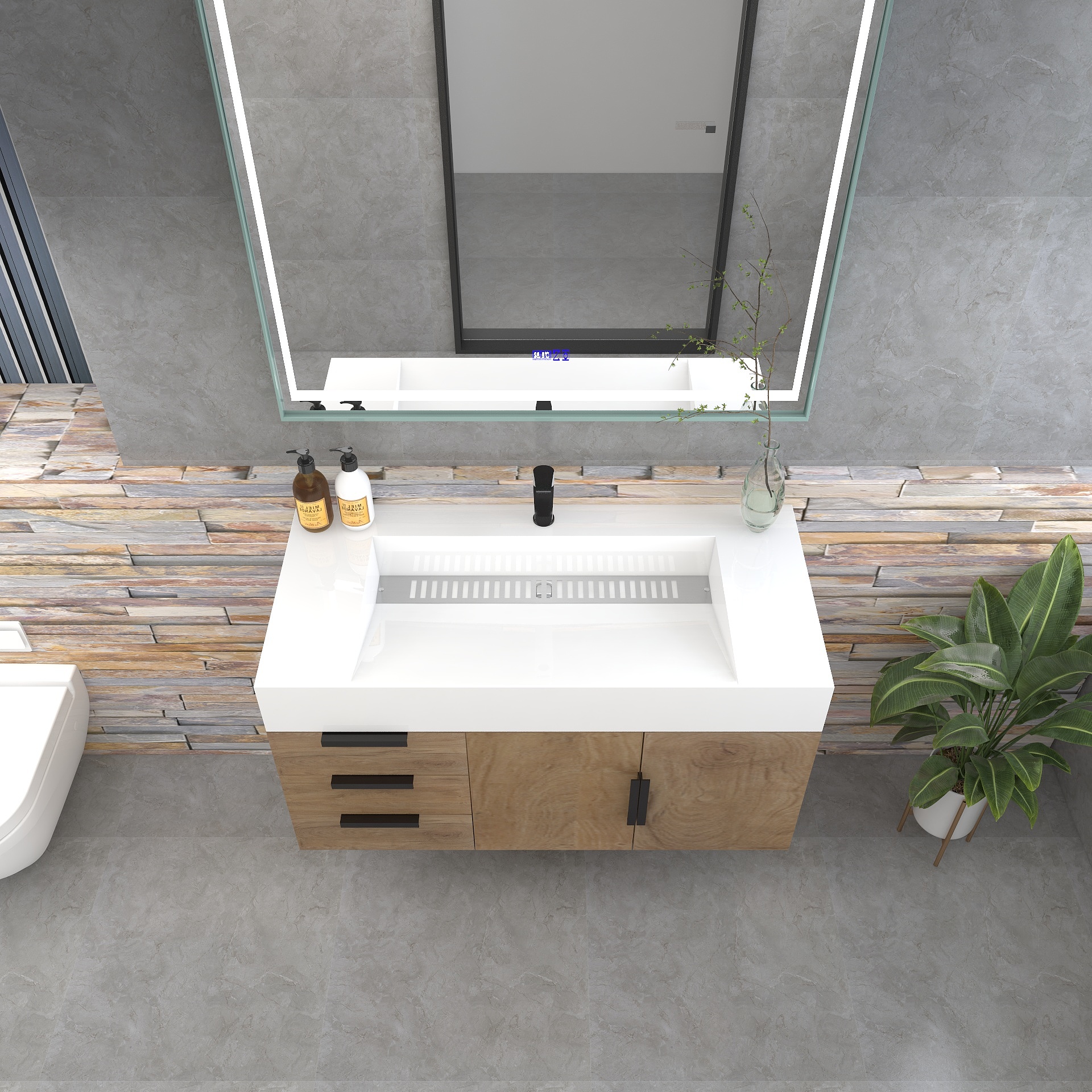 Bethany 42" Wall-Mounted Floating Bathroom Vanity with Reinforced Acrylic Sink in White Oak with Black Handles | Better Vanity Bath Vanities