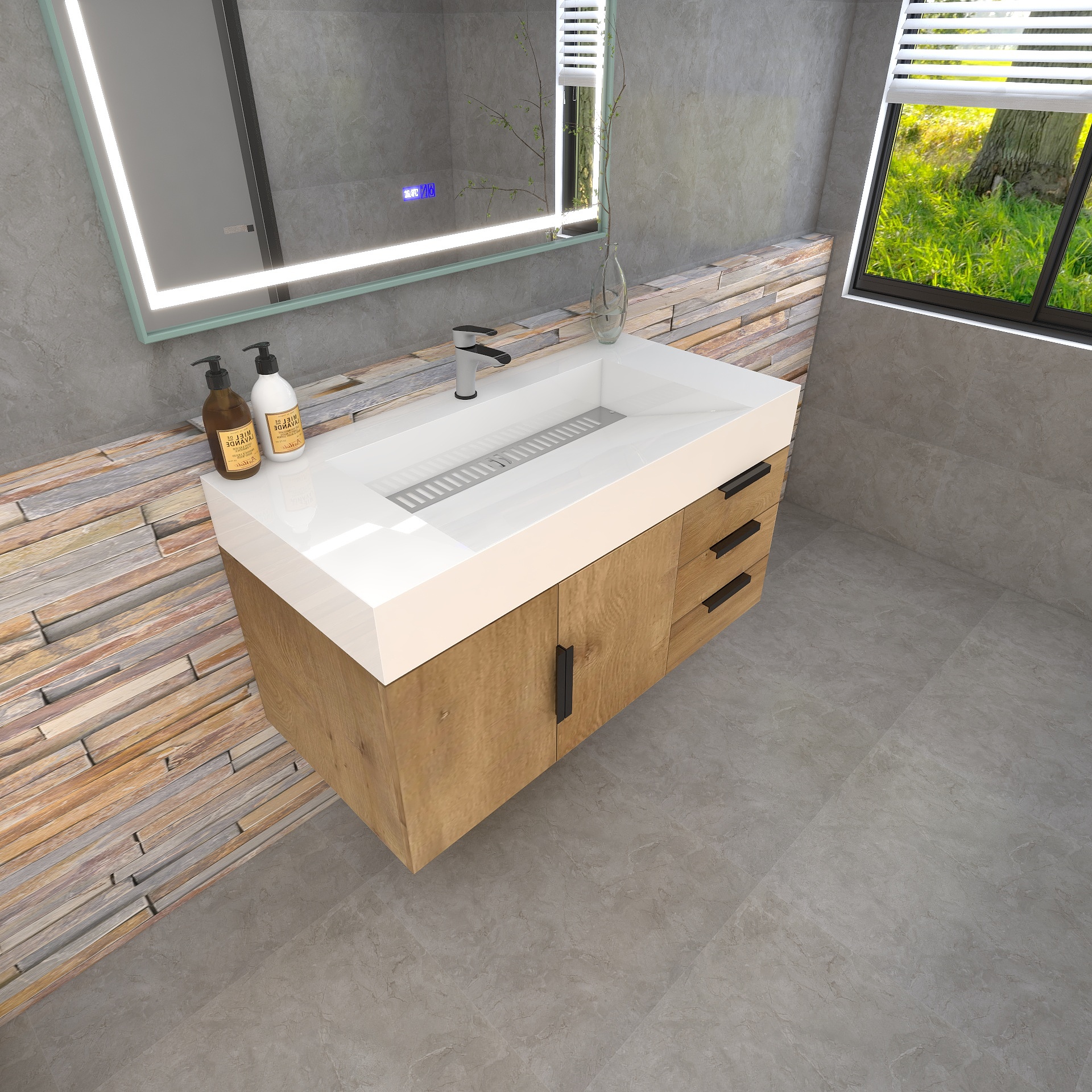 Bethany 42" Wall-Mounted Floating Bathroom Vanity with Reinforced Acrylic Sink in Teak Oak with Black Handles | Better Vanity Bath Vanities