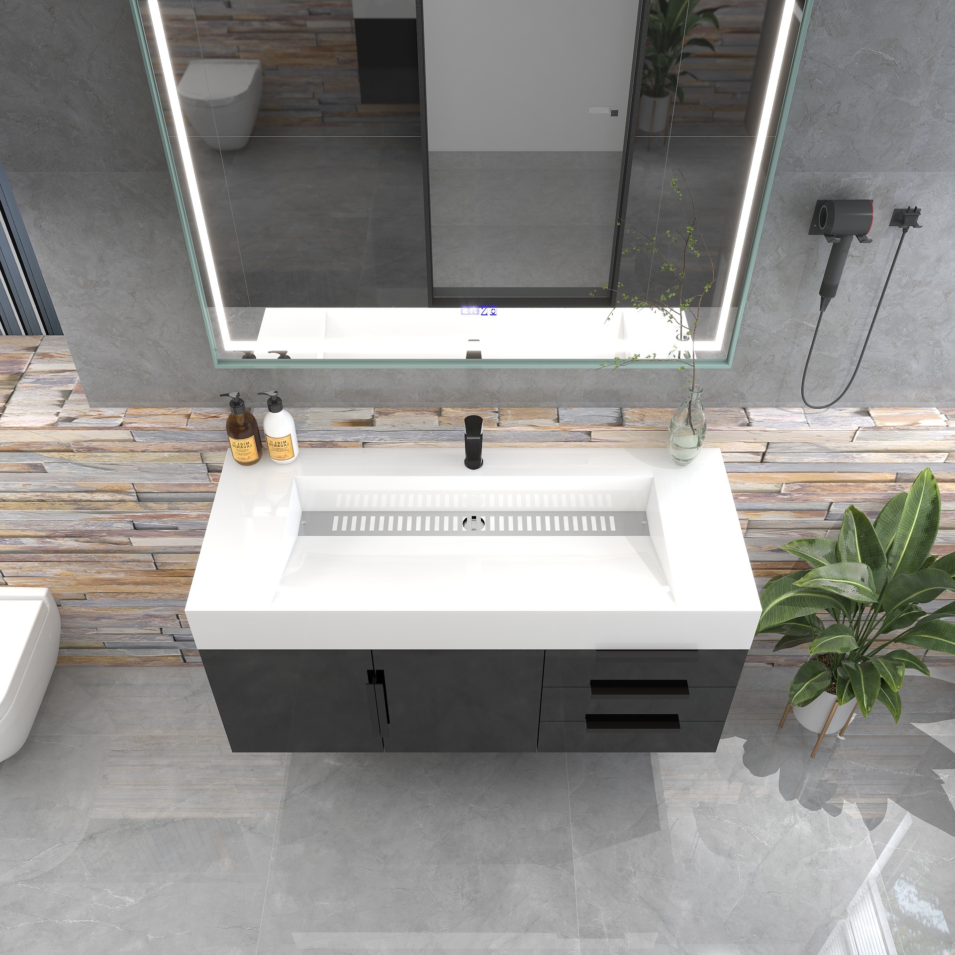 Bethany 48" Wall-Mounted Floating Bathroom Vanity with Reinforced Acrylic Sink in Gloss Black with Black Handles | Better Vanity Bath Vanities