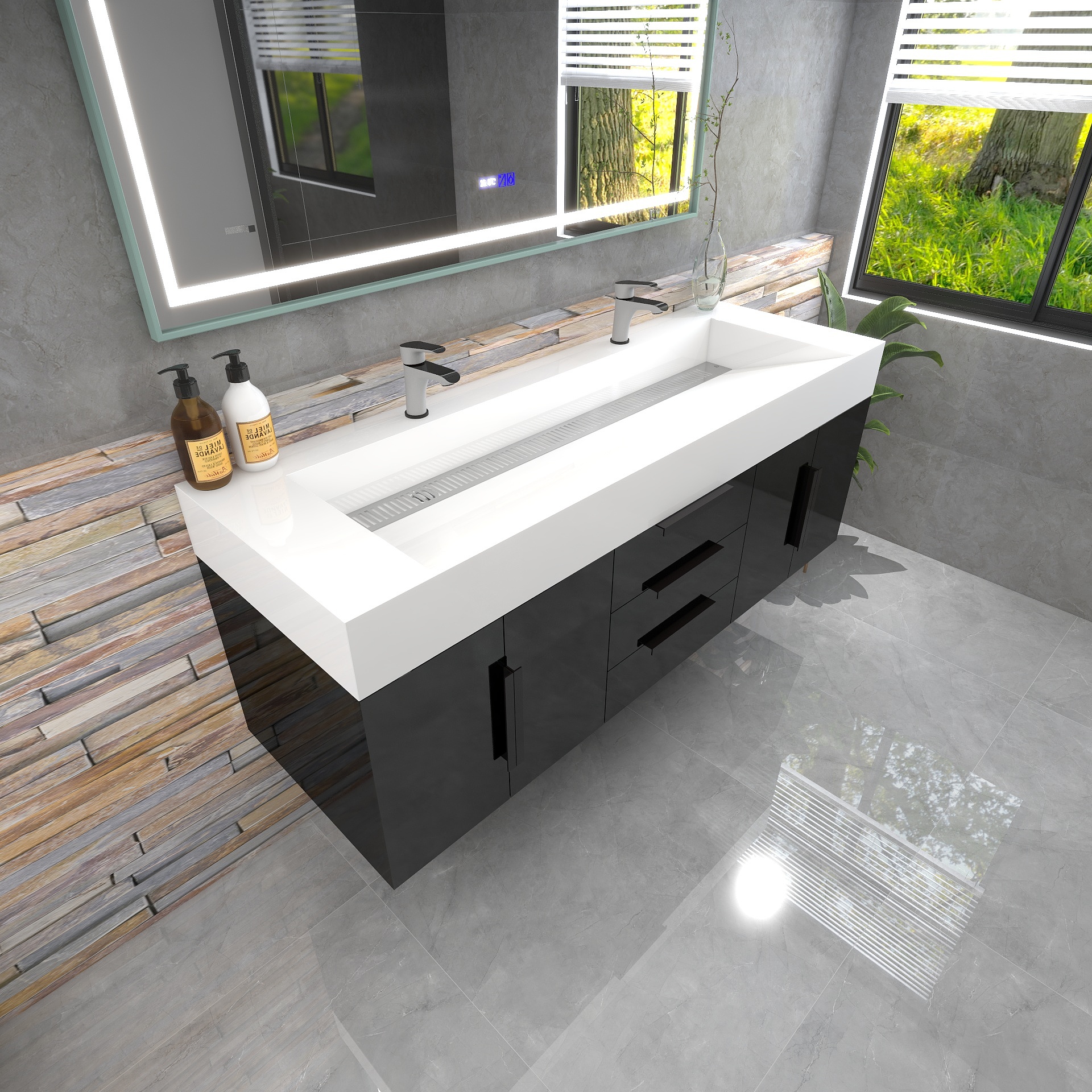 Bethany 60" Wall-Mounted Floating Bathroom Vanity with Reinforced Acrylic Double Sink in Gloss Black with Black Handles | Better Vanity Bath Vanities